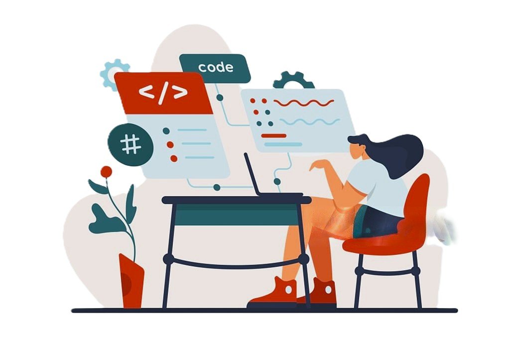 Illustration of a developer working at a laptop, surrounded by code and workflow icons
