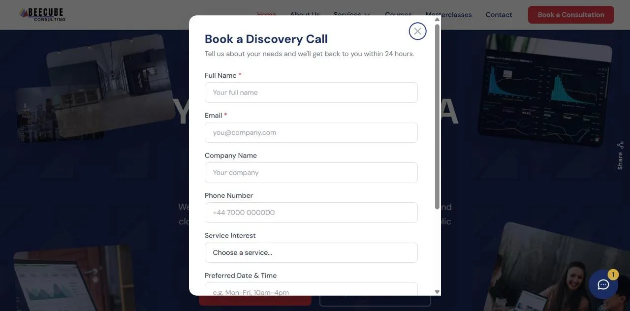 The Book a Discovery Call form open as a modal over the Beecube home page