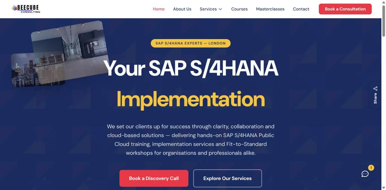 Beecube Consulting home page with the headline Your SAP S/4HANA Implementation, a Book a Discovery Call button and the chat assistant icon