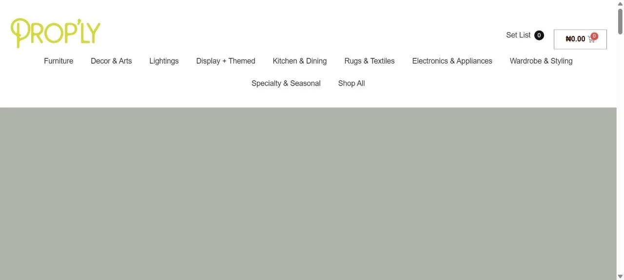 Prop'ly home page header with the logo, a Set List counter, the cart total and category navigation from Furniture to Specialty and Seasonal
